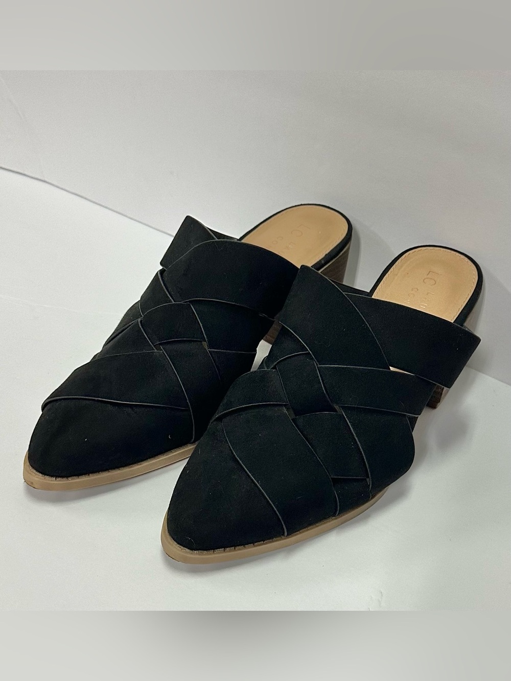 LC Lauren Conrad Black Woven Pointed Mule Slides Block Heel